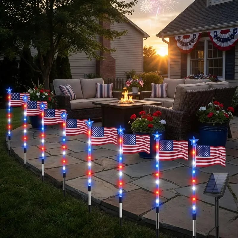 ⚡Hot Sales 49% OFF🔥8-Piece Flag Light Set – 4th of July Decorations with 8 Lighting Modes – Ideal for Independence Day Pathways, Gardens, and Yard Decor
