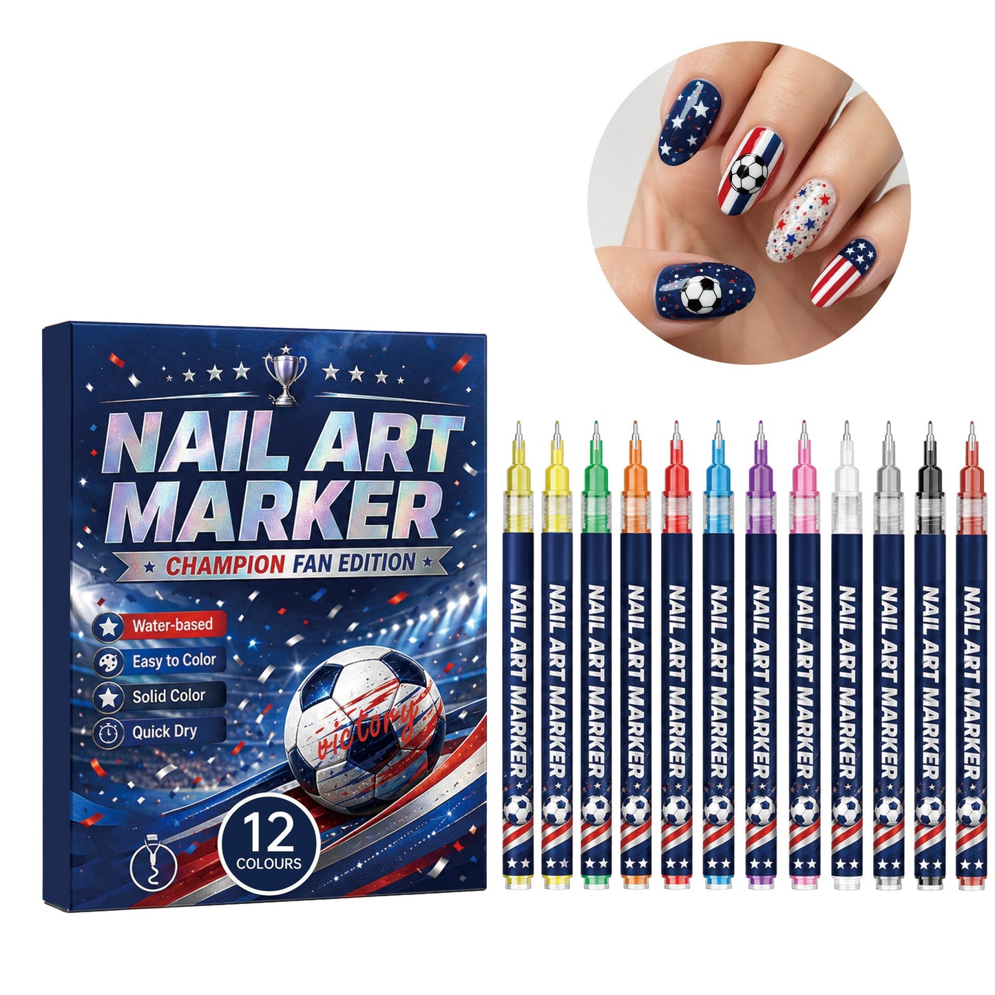 Soccer Fan Nail Art Set – 12 Colors DIY Nail Design Pens for World Cup